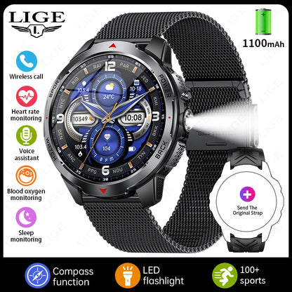 LIGE 1100mAh Military Outdoor Smart Watch Men 1.7" Large Display Compass Sports Watch IP68 Waterproof Bluetooth Call Smartwatch