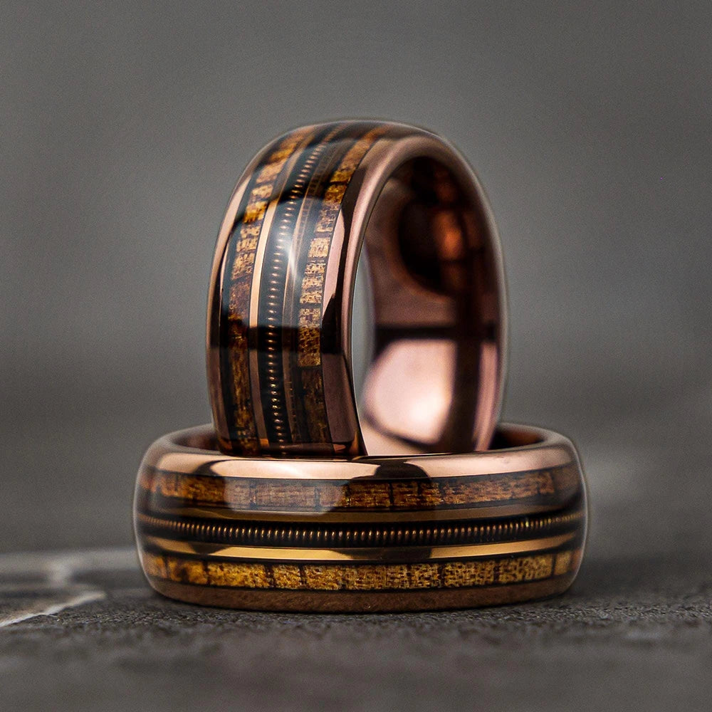 Fashion 8mm Rose Gold Color Stainless Steel Guitar String Rings for Men Koa Wood Inlay Ring Whiskey Barrel Mens Wedding Band