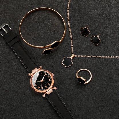 20266PCs/Set Women's Watch Fashion Digital Leather Quartz Watch with Unique Flower Jewelry Set