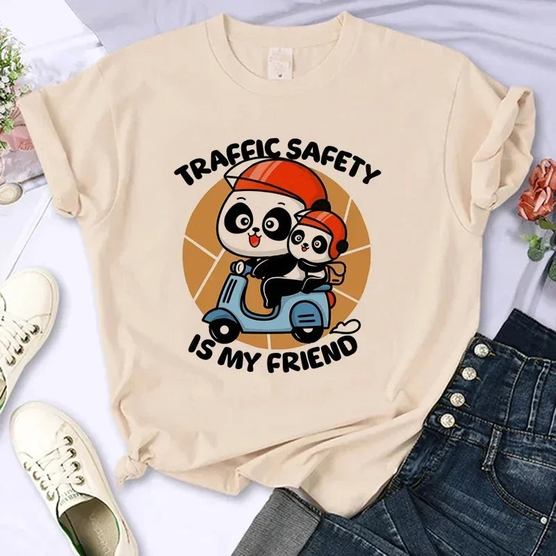 Cartoon Casual Creative T-shirt Vintage Round Neck Clothes Funny Cute Panda Printed T Shirt for Women Summer Sleeve