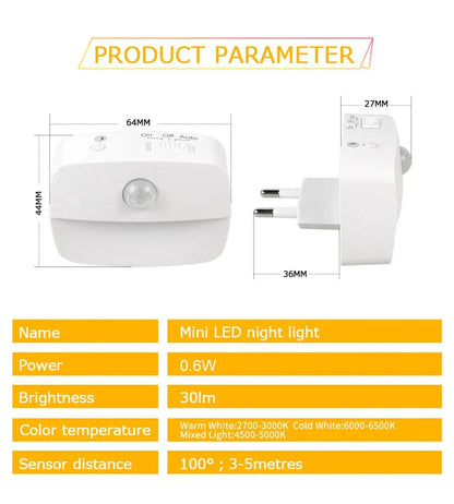 LED Night Light EU US Plug In Smart Motion Sensor Light 220V Wall Lamp For Home Aisle Hallway Stair Kitchen Bedroom Night Lamp