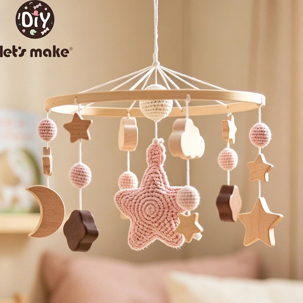 Pink Starry Sky Crib Mobile 360 Degree Rotation Baby Rattle Toys Wooden Stars Mobile Hanging Toys Baby Crescent Moon Bed Bell
