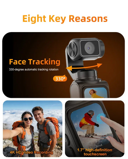 4K Vlog Action Camera 330° Face Tracking 18x Zoom 2400mAh Battery Gimbal Stabilizer 1.72 Inch Touch Screen WiFi Sports Cam