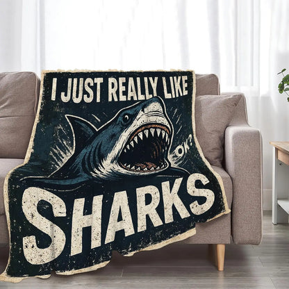 Vintage Grunge Great White Shark Letter Print Flannel Throw Blanket, Soft Warm Sofa Cover, Ocean Gift For Bedroom Daily Rest Use