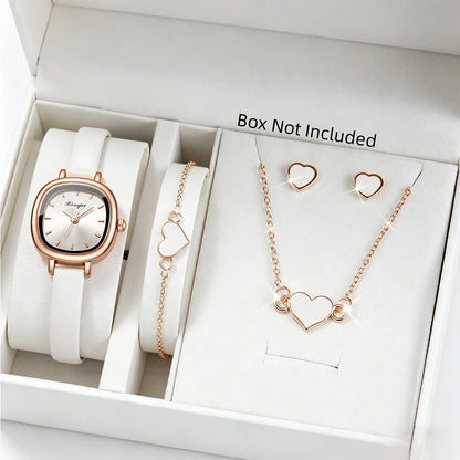 5PCS Fashion Square Women Quartz Watch Ultra-fine Leather Strap Wristwatches Heart Jewelry Set Relogio Feminino (Without Box)