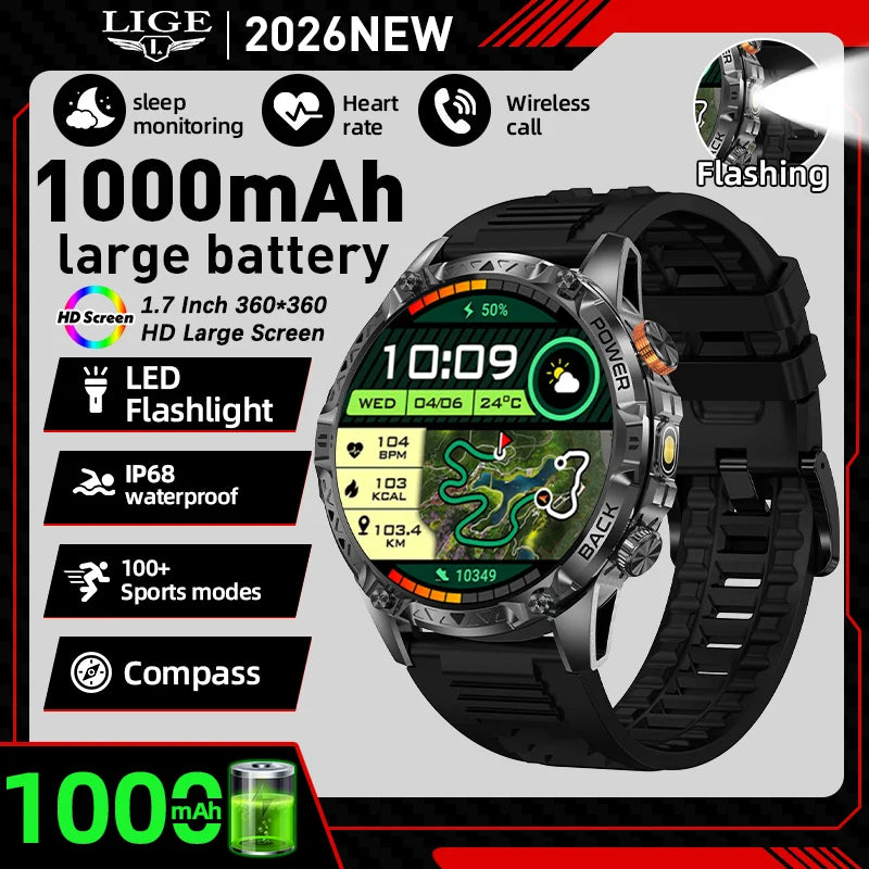 LIGE Nowy wojskowy do T-Rex 3 Ultra Smart Watch Bateria 1000 mAh Wodoodporny IP68 Kompas Latarka Sportowy monitor Smartwatch Mężczyźni
