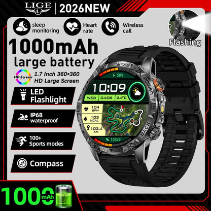 LIGE Nowy wojskowy do T-Rex 3 Ultra Smart Watch Bateria 1000 mAh Wodoodporny IP68 Kompas Latarka Sportowy monitor Smartwatch Mężczyźni