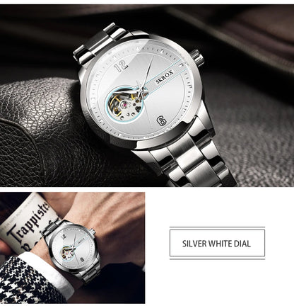 SKROX Original Luxury Brand Waterproof Tourbillon Automatic Clock Steel Skeleton Mechanical Man Watch Business Male Wristwatches