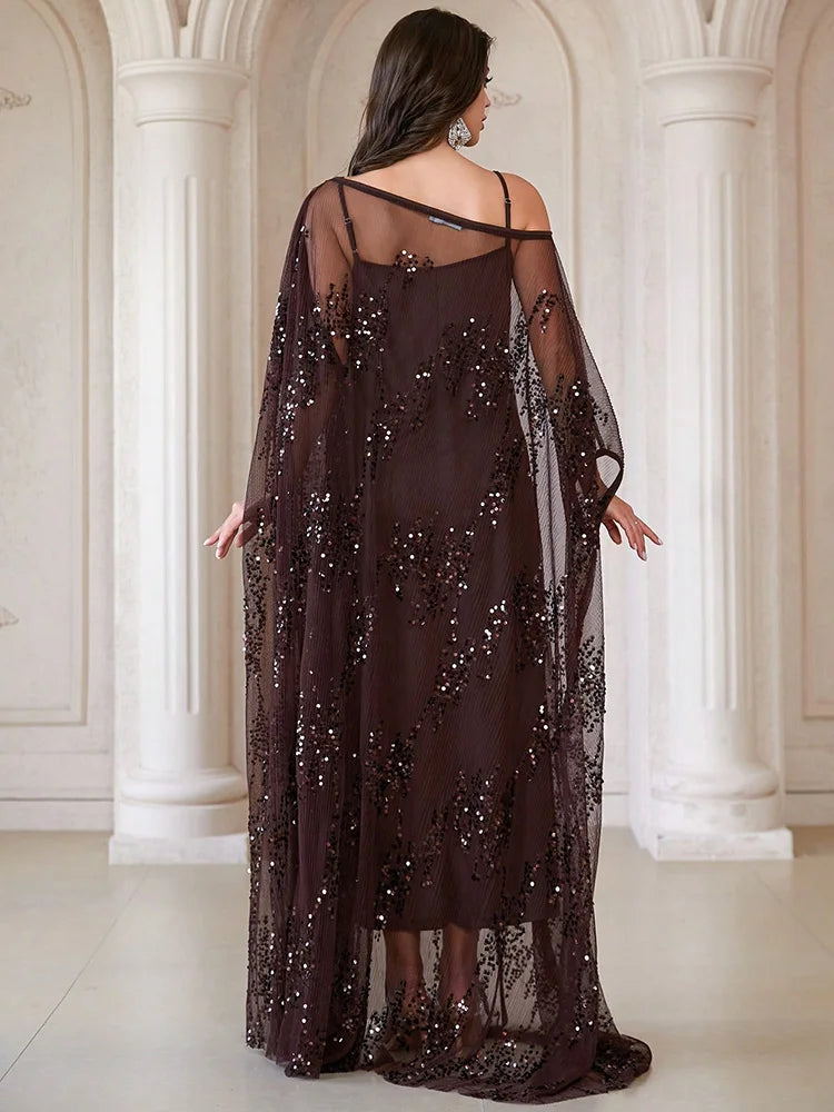 TOLEEN Elegant Round Batwing Sleeve Women's Robe, Decorated With Contrast Sequins And Ruffle Details, Non-Stretch Fabric Spring