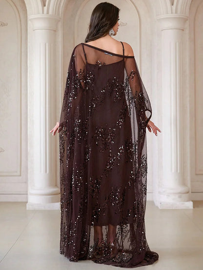 TOLEEN Elegant Round Batwing Sleeve Women's Robe, Decorated With Contrast Sequins And Ruffle Details, Non-Stretch Fabric Spring