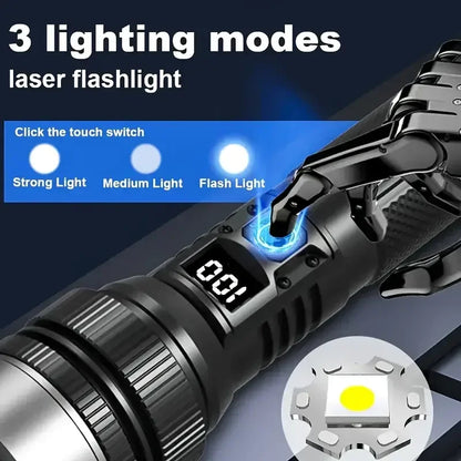 900000LM Powerful LED Flashlight Type-c Rechargeable Zoom Torch with Digital Display Handheld Flashlights for Camping Hiking