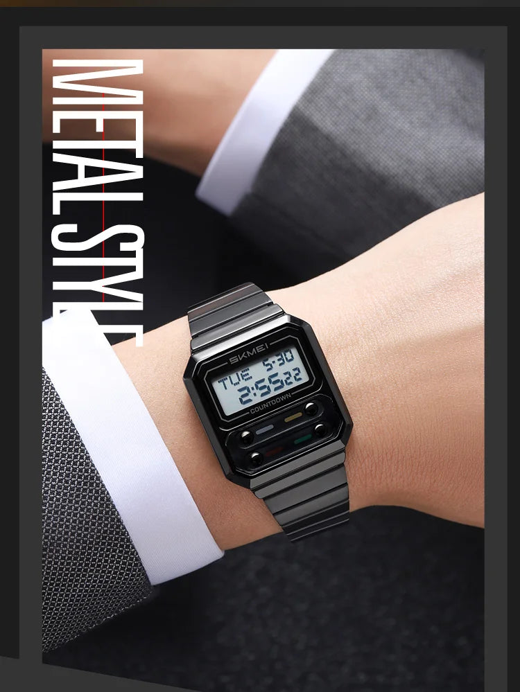 SKMEI 2448 Fashion Men Electronic Watch Vintage Business Luminous Calendar Waterproof Steel Strap Casual Digital Watches for Man