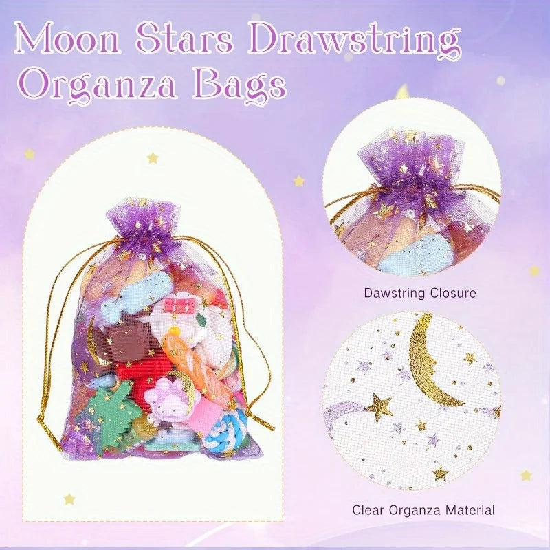 50PCS Moon Stars Drawstring Organza Bags Jewelry Gift Bags Pouches Gold Star Organza Favor Pouches for Christmas Wedding