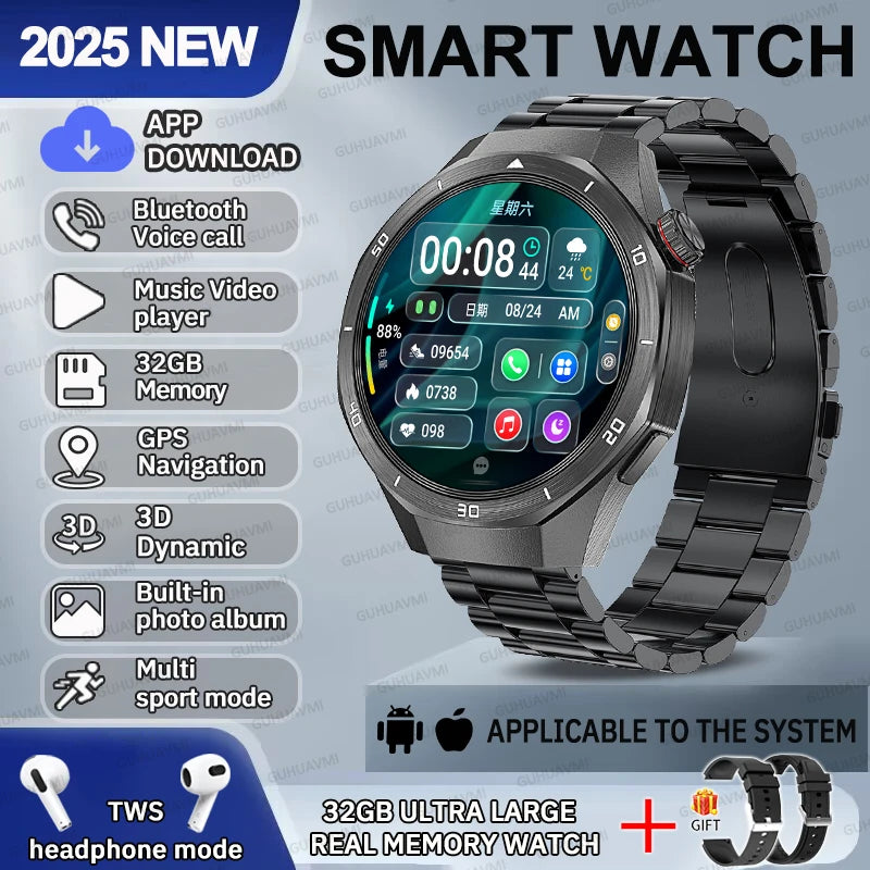 2025 NEW Fashion Men 32GB Big Memory SmartWatch APP Download TWS 3D Menu GPS Navigation Video Play Motion HD Call Watch GUHUAVMI