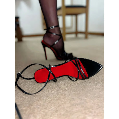 2026 new summer pointed toe exposed toe cross buckle with thin heel sandals, feminine red soled high heels, strap shoes