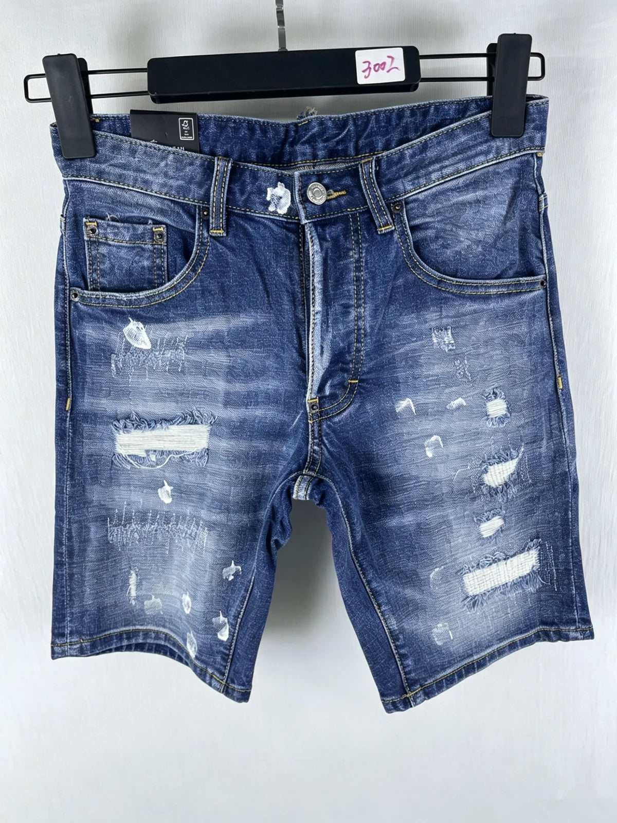 3006 Summer New Men's Jeans Washed Ripped Patch Paint Slim-fit Micro-elastic Denim Shorts Men's Black