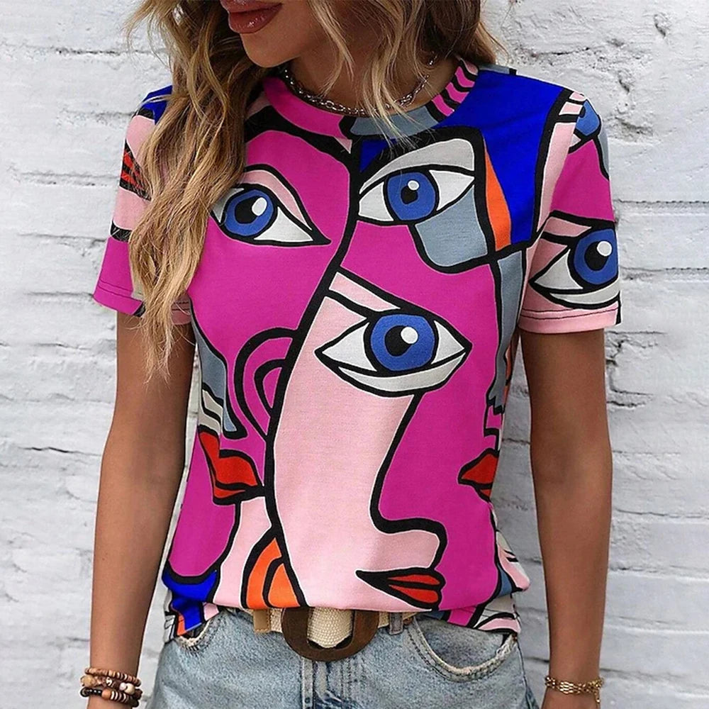 Summer Breathable Women's Fashion Short Sleeve T-Shirt Funny 3d Abstract Face Printed T-Shirts 2024 New Round Neck Tops Tees