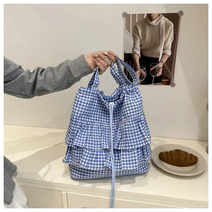 Cute Plaid Cotton Tote Bag Large Capaci Lace Trim Women's Summer 2026 Simple Lady Handbag Soft Shoulder Bags Bolsa Feminina