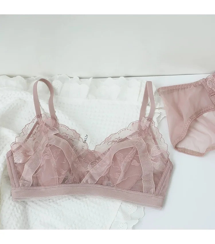 Women's Bra Set French Sexy Sweet Girl Without Steel Ring Color Collision Underwear Thin Section Gathered Lace Triangle Cup Bra