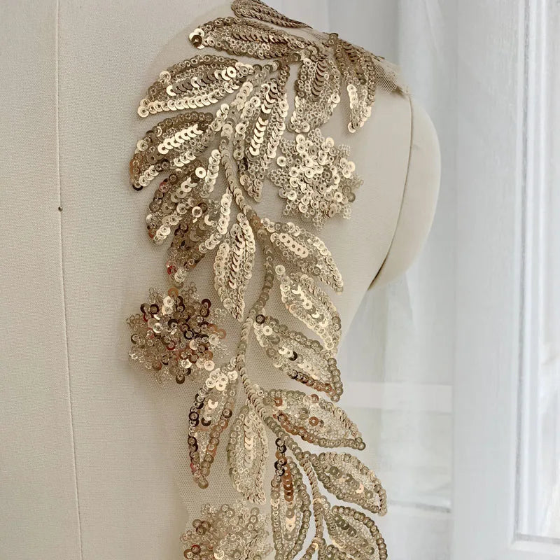 1Pc Gold Sequin Flower Lace Applique Motif Embroidery Patch For Dance Costume Craft  Size 130*12cm
