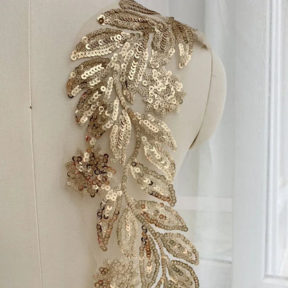 1Pc Gold Sequin Flower Lace Applique Motif Embroidery Patch For Dance Costume Craft  Size 130*12cm