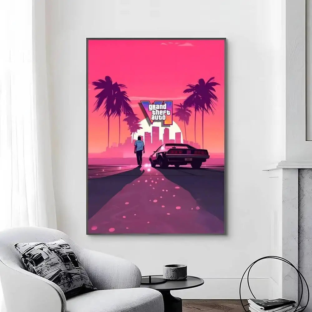 Game Grand T Auto posters Self-adhesive Paper Print Home Living Room Bedroom Entrance Bar Cafe Art