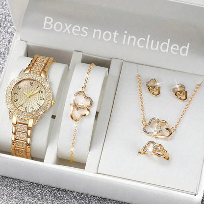 Full Diamond Roman Literal Steel Strip Women's Watch Starry Charm Business Quartz Watch Women's Watch Jewelry Set