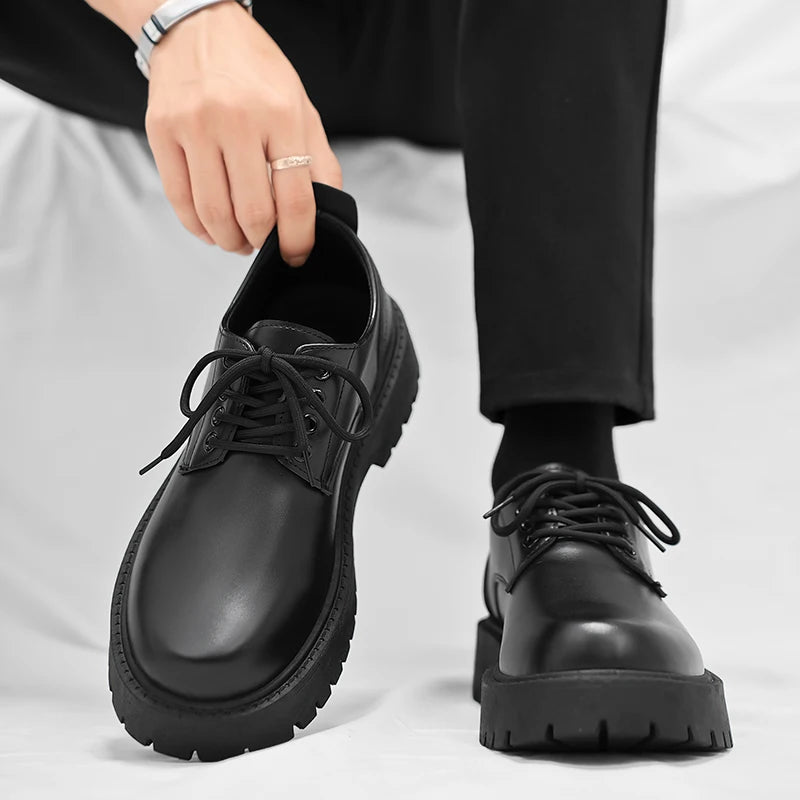 Men Chunky Sole Leather Oxford Shoes, Lace-up Non-slip Formal Footwear for Work, Wedding and Daily Business Occasions