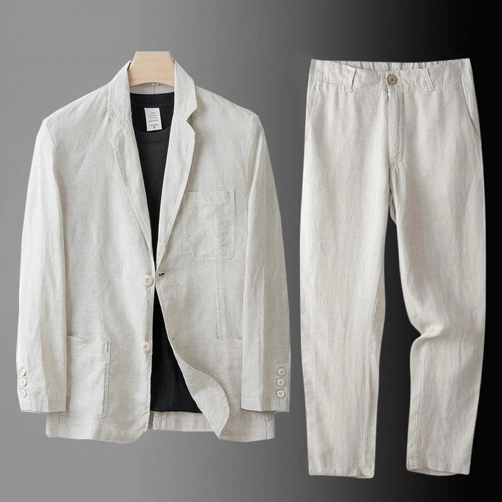 High Quality Men Blazer Jacket and Pants Man Linen Blazer  2 Piece Suit Spring Summer Thin Style Fashion Casual Set Long Sleeve