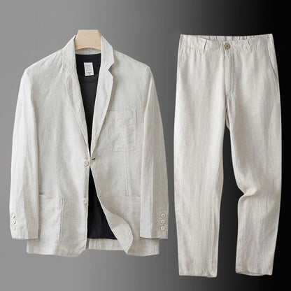 High Quality Men Blazer Jacket and Pants Man Linen Blazer  2 Piece Suit Spring Summer Thin Style Fashion Casual Set Long Sleeve