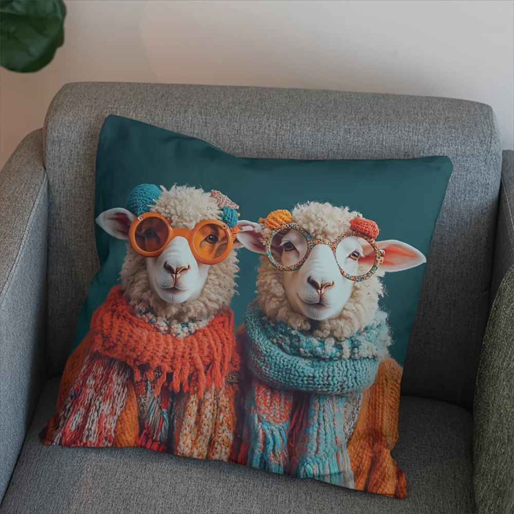 2D flat- #Cozy Farmhouse Sheep Couple Throw Pillow Cover Cute Winter Knit Style Decorative Cushion Case