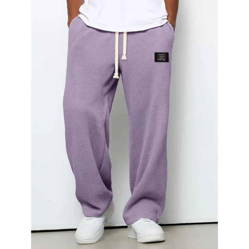 Men Waffle Knit Wide Leg Pants Elastic Drawstring Casual Trousers Loose Streetwear Workout Jogger PantsS-4XL