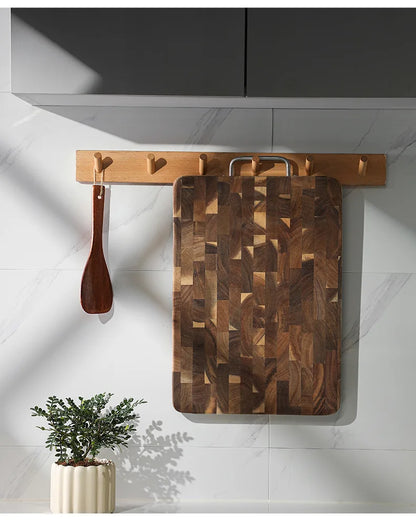 Large Acacia Wood Cutting Board, Checkerboard End Grain Butcher Block, Thick Reversible Wooden Chopping Board with Metal Handle