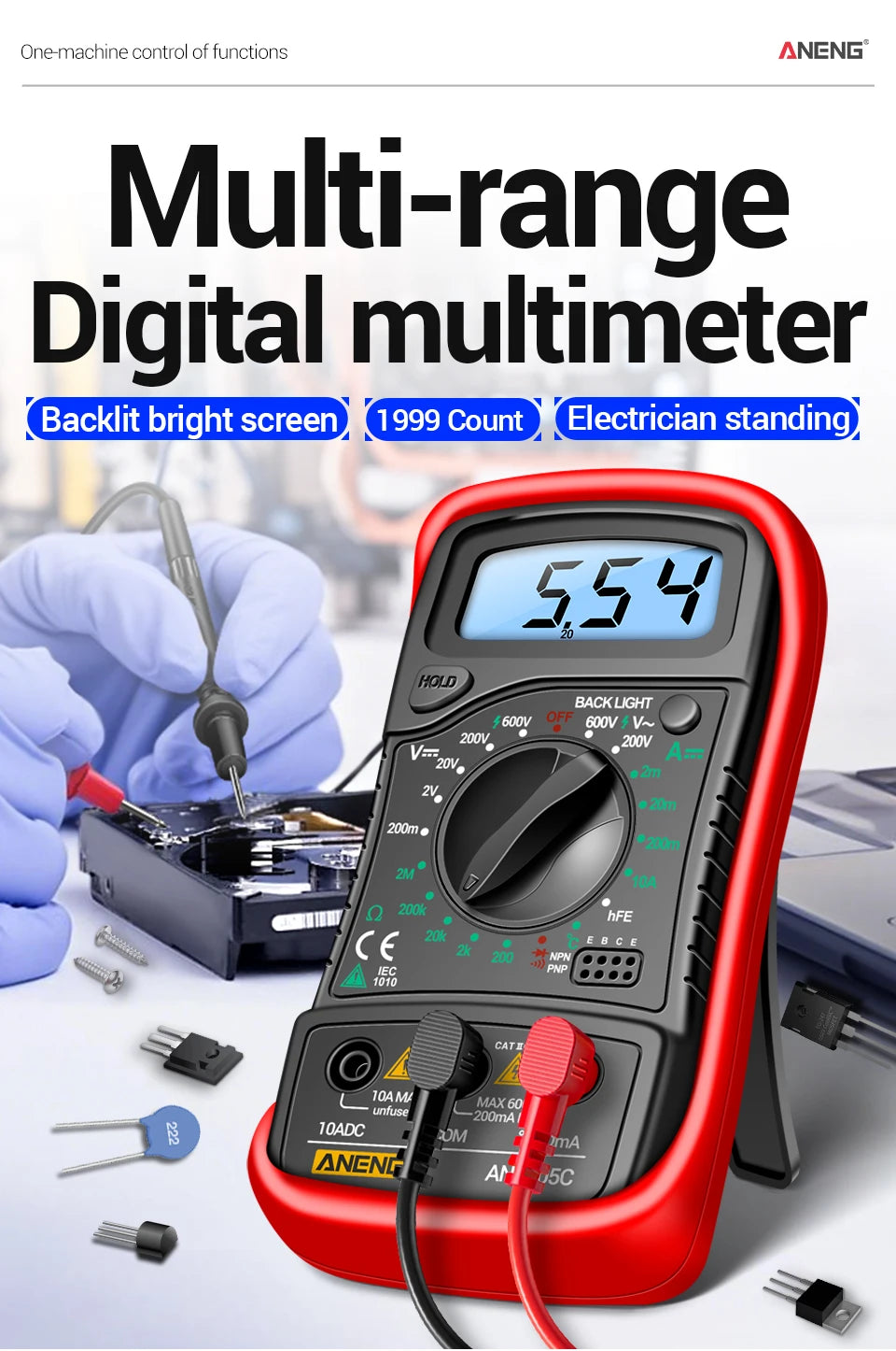 Digital Multimeter Professional ANENG AN8205C AC/DC Voltage Meter DC Current Resistance Diode -40℃~1000℃ LCD Backlight Tester