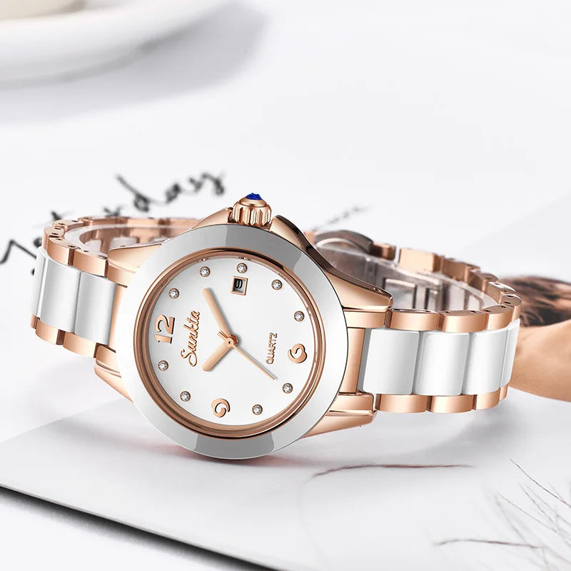 LIGE Brand SUNKTA Fashion Casual Woman Watch Ceramic Simple Bracelet Quartz Ladies Watches Date Waterproof Women's Wristwatches