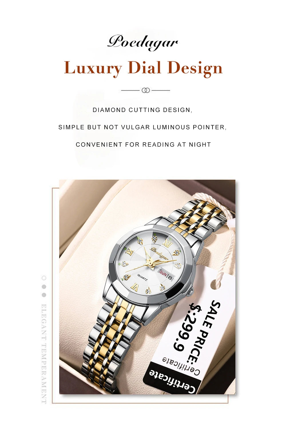 POEDAGAR Luxury Brand Women's Watches Waterproof Luminous Date Week Quartz Watch For Woman Stainless Steel Fashion Ladies Watch