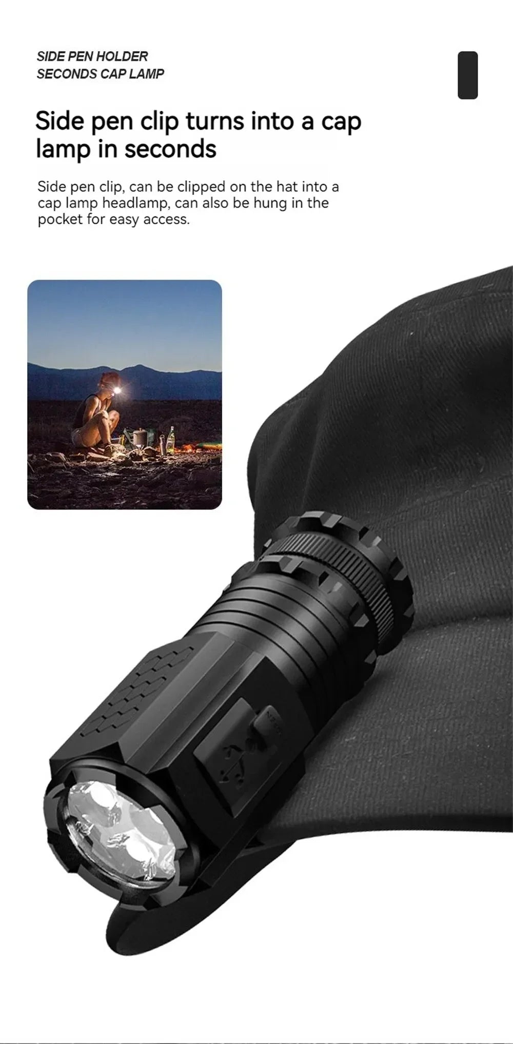 High Quality 3*SST20 LED Flashlight 18350 Super Bright Torch Rechargeable USB Light Waterproof with CAP CLIP for Hiking Camping