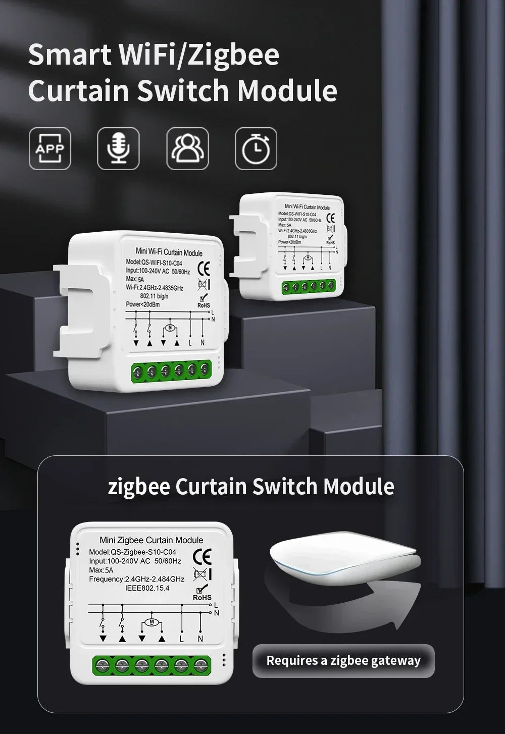 TNCE TUYA WIFI/Zigbee Switch Light Curtain Dimmer Smart DIY MINI Module, 2-way Control Breaker, Voice with Alexa Google Home