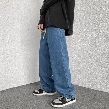 Boyfriend Style Vintage Solid Draped Denim Jeans, Loose Straight Korean High Street Y2K Hip Hop Floor-Length Wide Leg Pants
