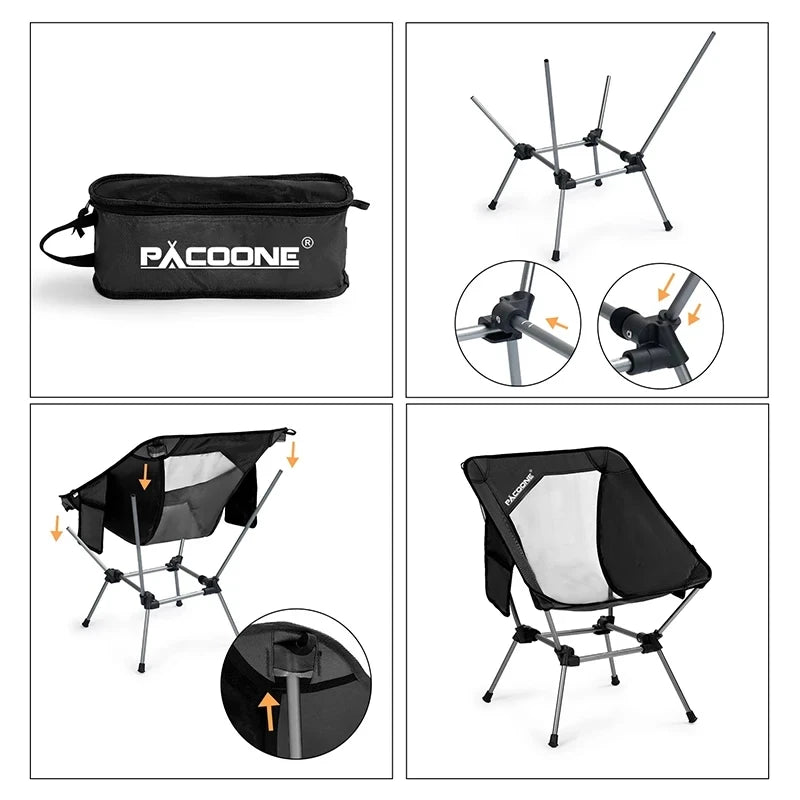 PACOONE Travel Ultralight Folding Chair Detachable Portable Moon Chair Outdoor Camping Fishing Chair Beach Hiking Picnic Seat