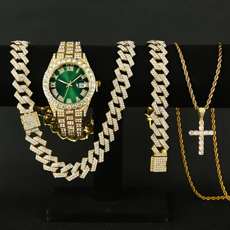 4PCS Luxury Rhinestone Men Quartz Watch Hip-pop Jewelry Set Fashion Roma Dial Calendar Quartz Wristwatch（Without Box）