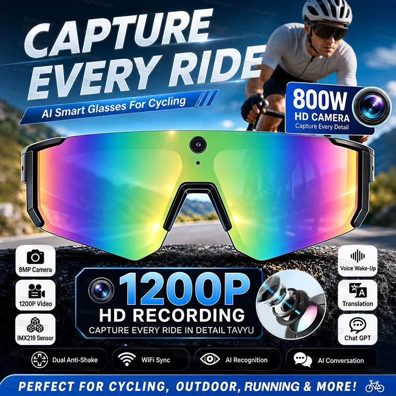 New AI Smart Glasses With Camera 1200P Video Recording Anti-Shake Shooting Sunglasses Bicycle Riding Windproof Goggles Men Women