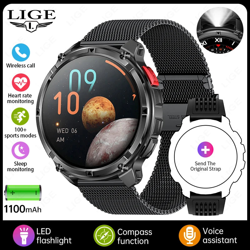 LIGE Smart Watch 2026 Gorąca Sprzedaż 1100mAh Wojskowy Wodoodporny Kompas Latarka LED Tryby Sportowe Męski Smartwatch Dla Android iOS