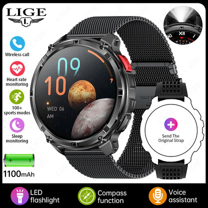 LIGE Smart Watch 2026 Gorąca Sprzedaż 1100mAh Wojskowy Wodoodporny Kompas Latarka LED Tryby Sportowe Męski Smartwatch Dla Android iOS