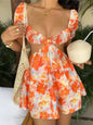 Women's Casual Vacation Versatile Stylish Floral Tie-Dye Print Puff Sleeve Mini Dress, Spring & Summer Party Dress