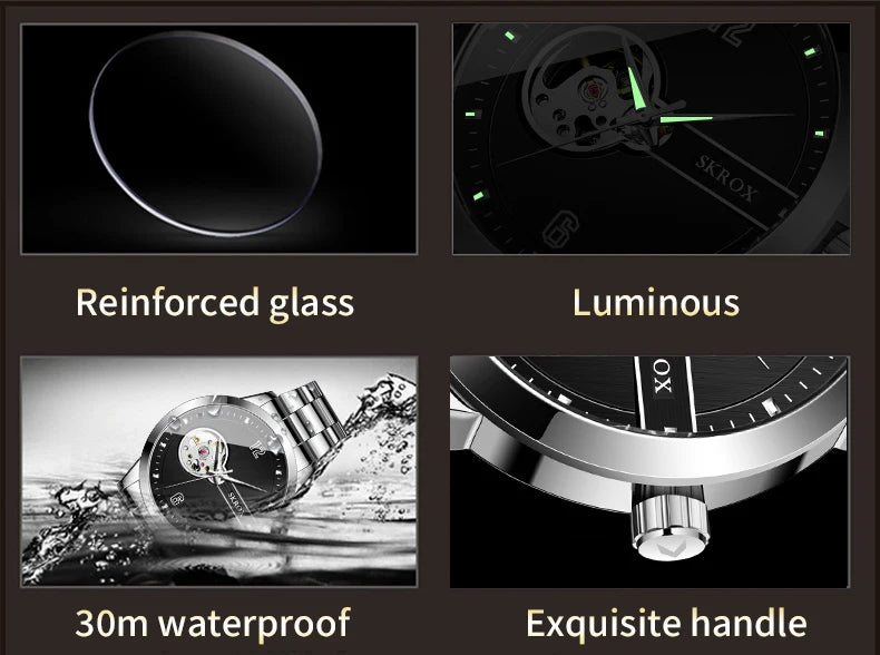 SKROX Original Luxury Brand Waterproof Tourbillon Automatic Clock Steel Skeleton Mechanical Man Watch Business Male Wristwatches