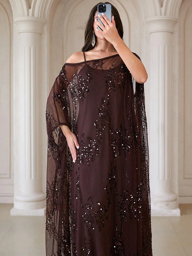 TOLEEN Elegant Round Batwing Sleeve Women's Robe, Decorated With Contrast Sequins And Ruffle Details, Non-Stretch Fabric Spring