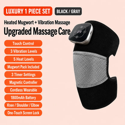 Cordless Heated Knee Massager, 5 Heat Levels 3 Vibration Levels, Magnetic Controller, Mugwort Wrap for Knee Shoulder Elbow Brace