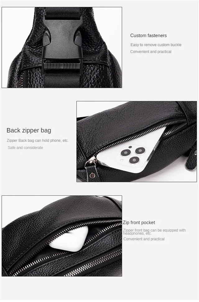 Men's Genuine Leather Chest Bag Double Zipper Cowhide Fanny Pack Casual Crossbody Sling Bag for Daily Commute & Travel