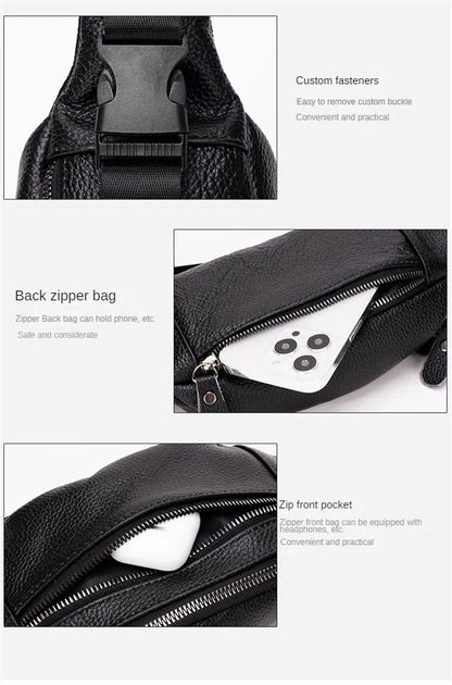 Men's Genuine Leather Chest Bag Double Zipper Cowhide Fanny Pack Casual Crossbody Sling Bag for Daily Commute & Travel